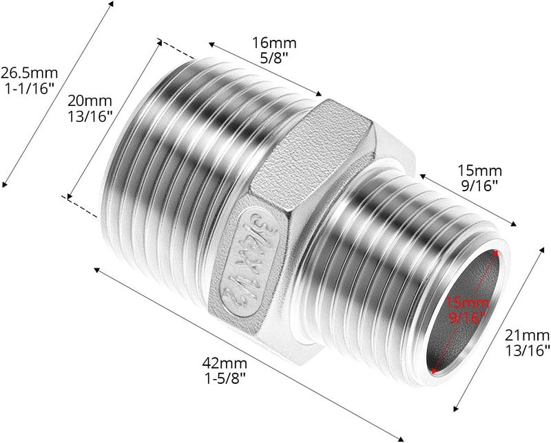 QWORK Reducing Hex Nipple, 2 Pack 3/4" NPT Male x 1/2" NPT Male 304 Stainless Steel Pipe Fitting, Threaded Pipe Fitting NPT, Straight Connector, Reducer Nipple Adapter - Image 3